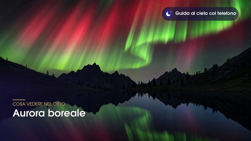 Aurora boreale rossa e verde sopra montagne scure riflessa in un lago, illustrazione