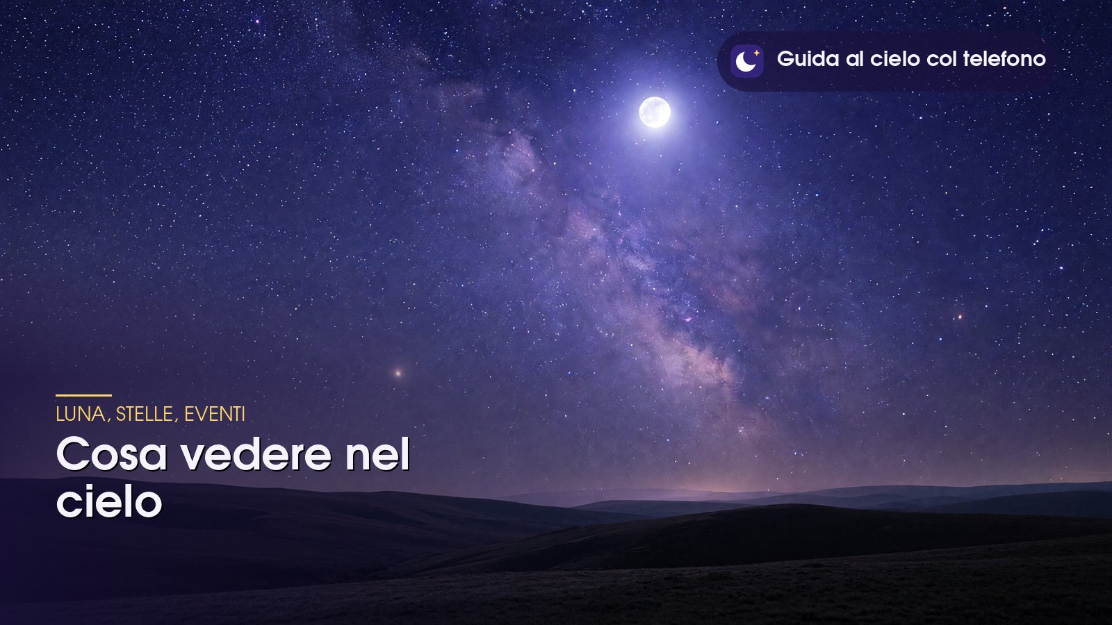 Cielo notturno con la Luna, un pianeta e la Via Lattea sopra un orizzonte scuro