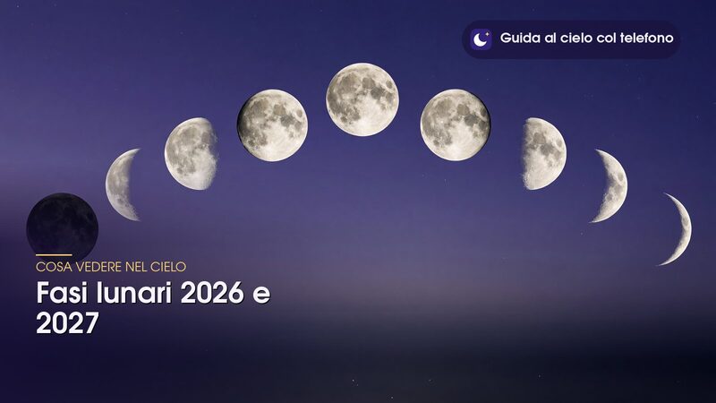Le fasi lunari in sequenza, dalla Luna nuova alla Luna piena e ritorno, su un cielo viola