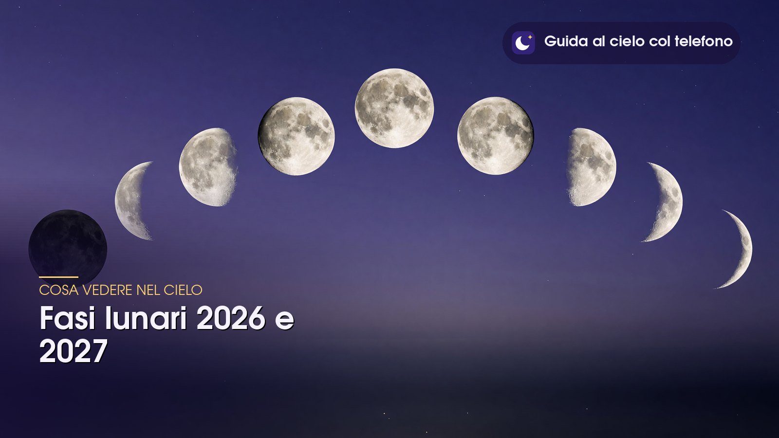 Le fasi lunari in sequenza, dalla Luna nuova alla Luna piena e ritorno, su un cielo viola