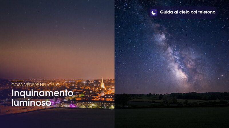 Confronto tra il cielo di una città con l'inquinamento luminoso e il cielo buio della campagna con la Via Lattea