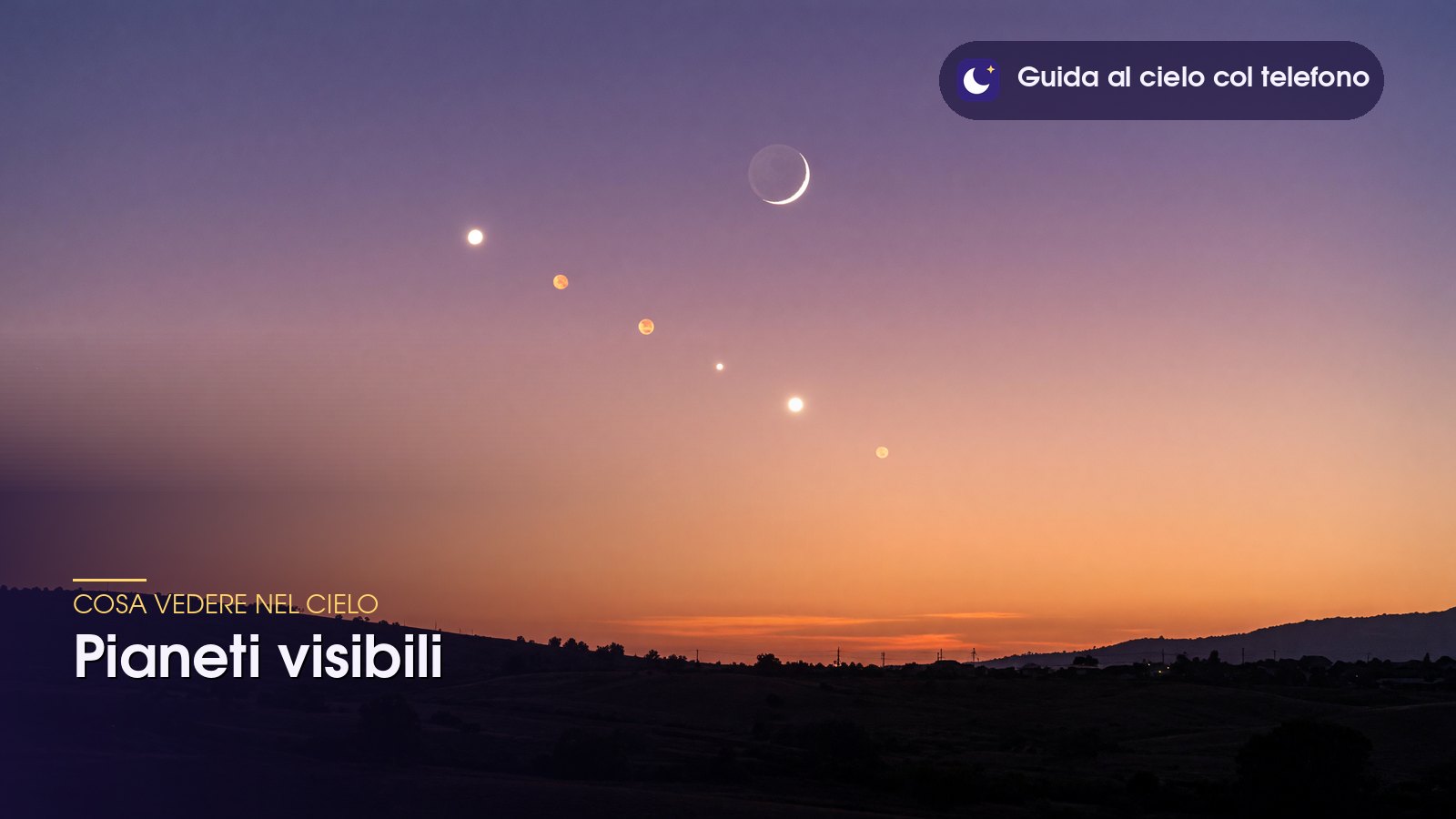 Pianeti visibili in fila sopra l'orizzonte al crepuscolo, accanto a una sottile falce di Luna