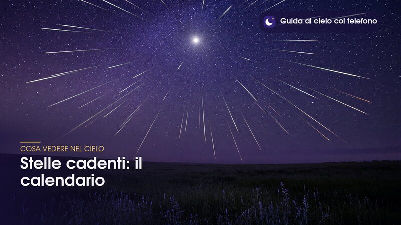 Stelle cadenti che partono dal radiante di uno sciame in un cielo viola