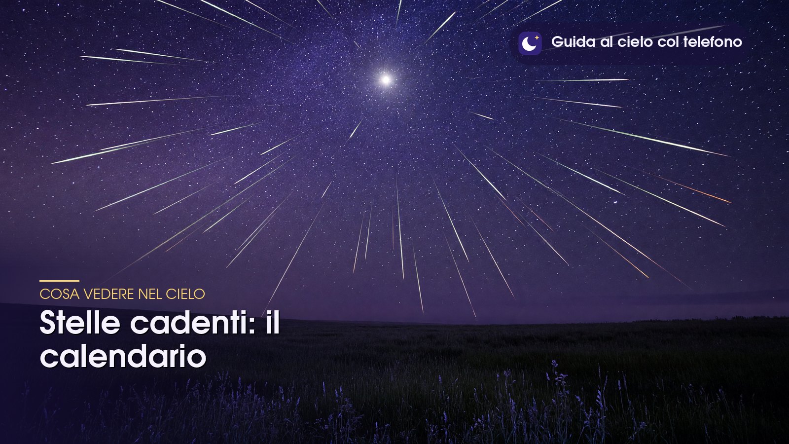 Stelle cadenti che partono dal radiante di uno sciame in un cielo viola
