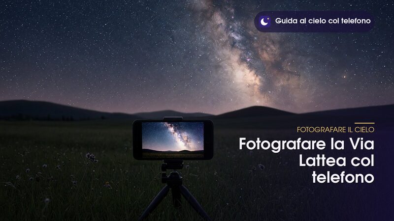 Telefono su treppiede che inquadra l'arco della Via Lattea, per fotografare la Via Lattea col telefono