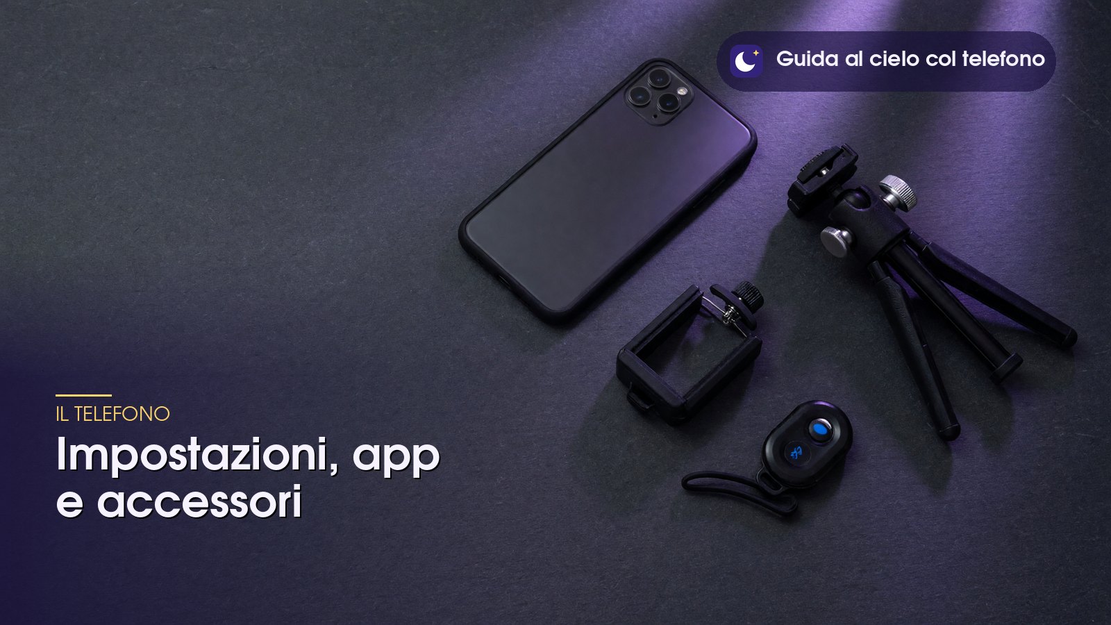 Telefono, mini treppiede, morsetto e telecomando bluetooth su una superficie scura