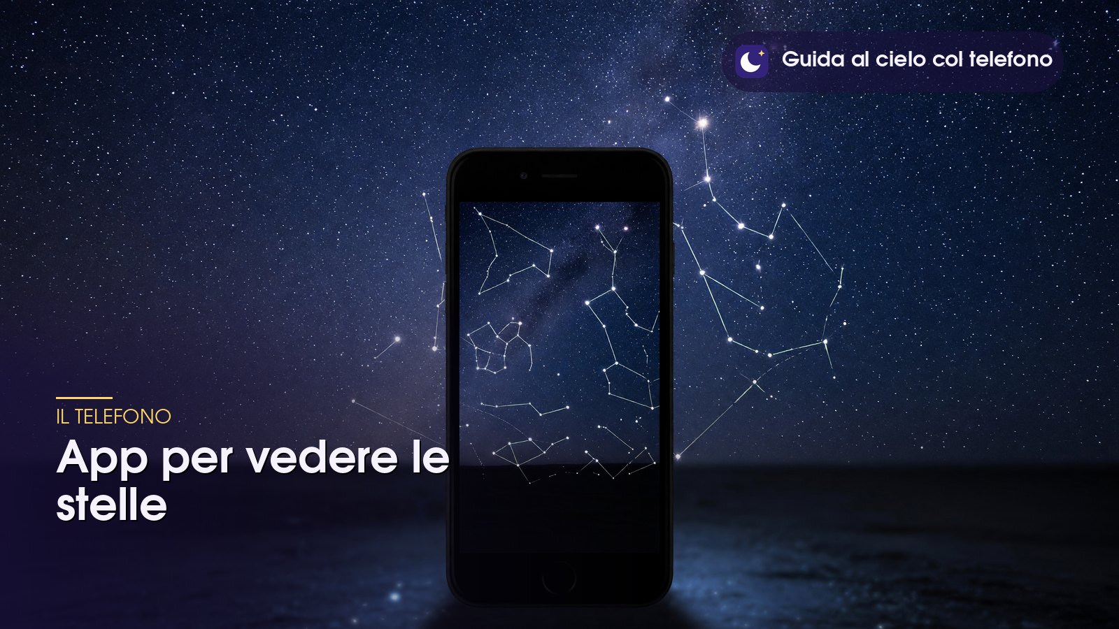 Telefono con un'app per vedere le stelle che traccia le costellazioni sul cielo reale